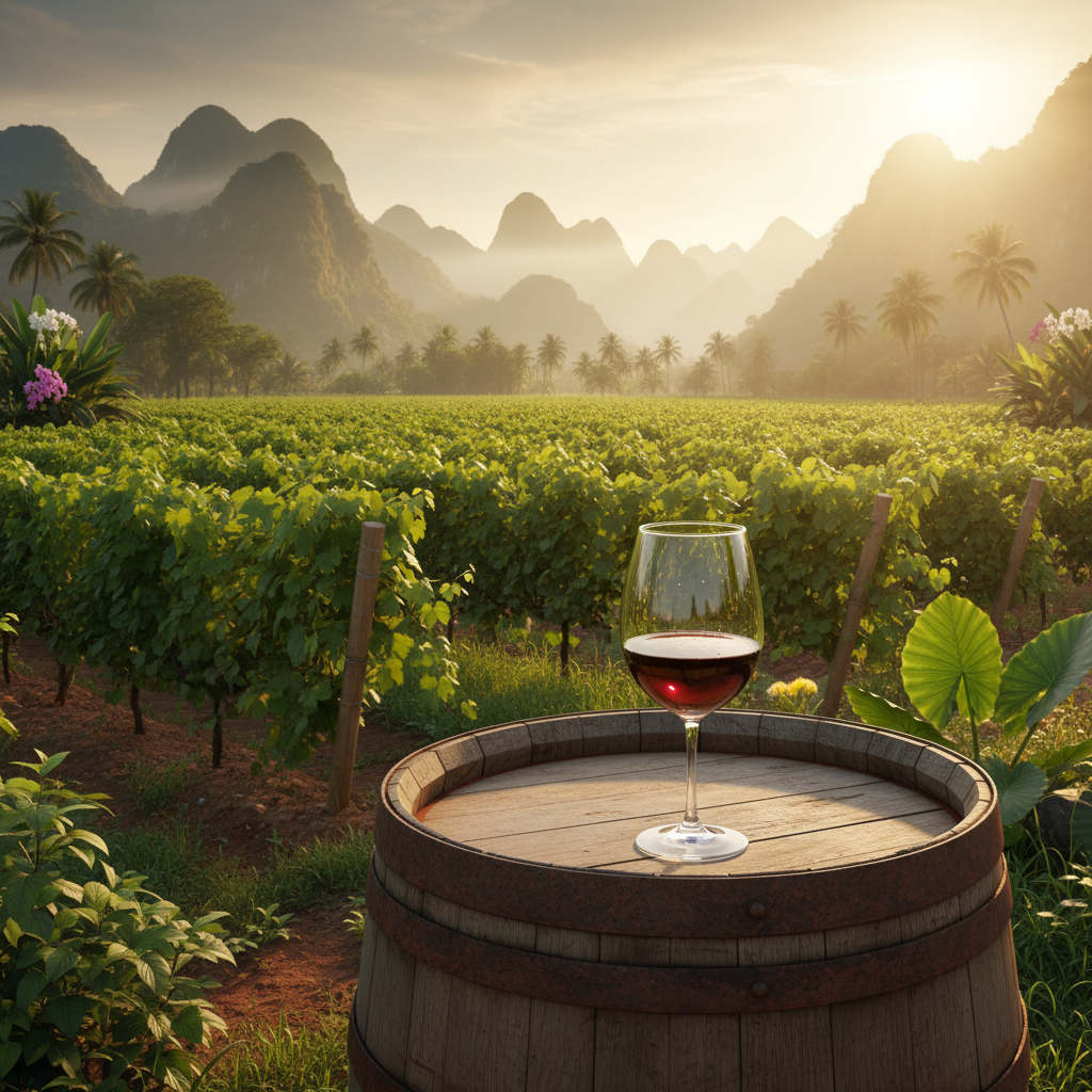 Vinhedo exuberante na Tailândia sob sol tropical, com uma taça de vinho ou barril, representando a crescente indústria vinícola do país.