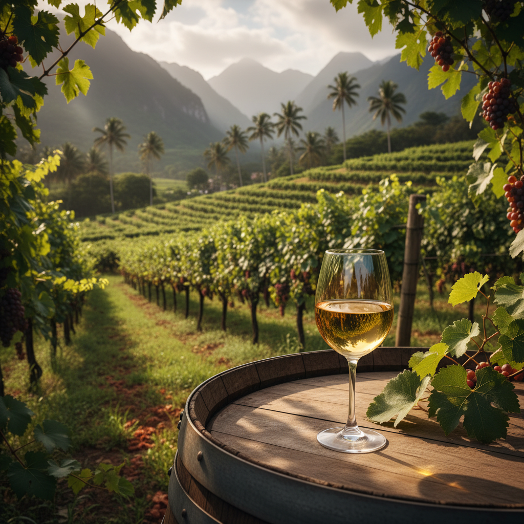 Vinhedo tropical exuberante na Tailândia, com montanhas ao fundo e uma taça de vinho branco sobre um barril de madeira em primeiro plano, sob a luz do sol.