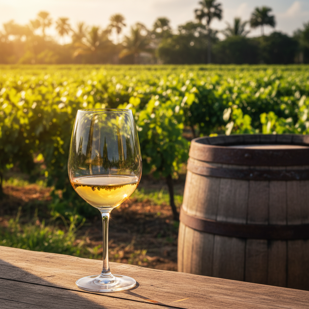 Vinhedo exuberante sob sol tropical com taça de vinho e barril, simbolizando a comparação de vinhos da Tailândia e do Novo Mundo.