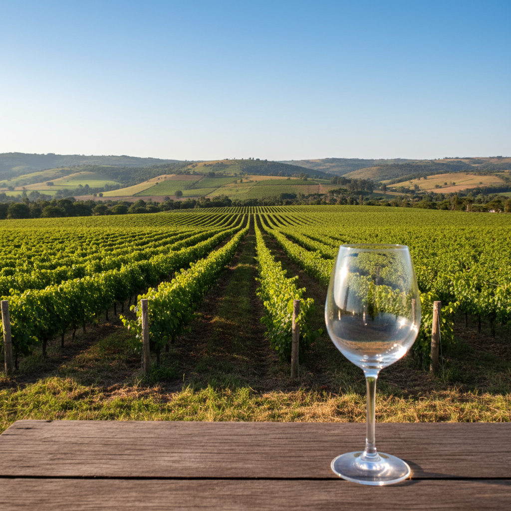 Vinhedo vibrante na região de Dodoma, Tanzânia, com uma taça de vinho em primeiro plano e colinas ao fundo.