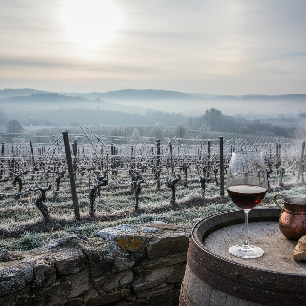 Vinhedo tcheco sereno em final de outono ou início de inverno, com geada delicada nas videiras e luz suave. Em primeiro plano, uma taça elegante com vinho tinto, próximo a um barril de madeira ou parede de pedra, transmitindo calor e conforto.