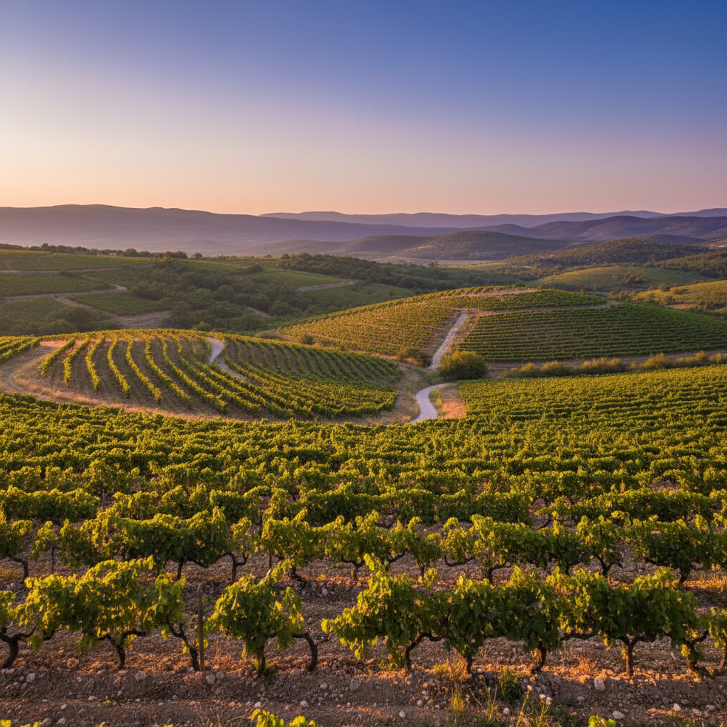Vinhedo nas Terras Altas Croatas ao pôr do sol, com uvas maduras e colinas ao fundo, transmitindo a beleza da região vinícola.