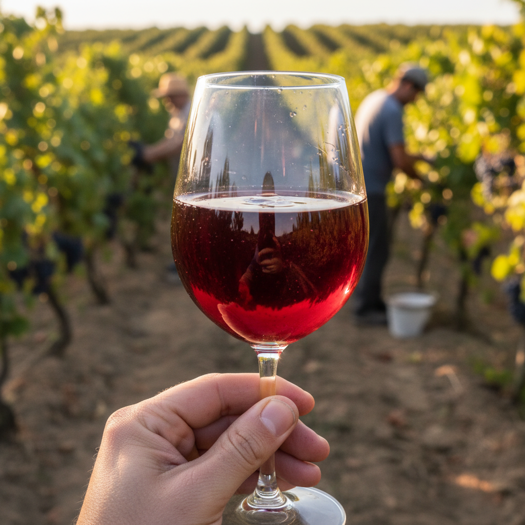 Taça de vinho tinto natural com cor vibrante, em primeiro plano, contra um vinhedo ensolarado durante a colheita, simbolizando a pureza e a origem do vinho.