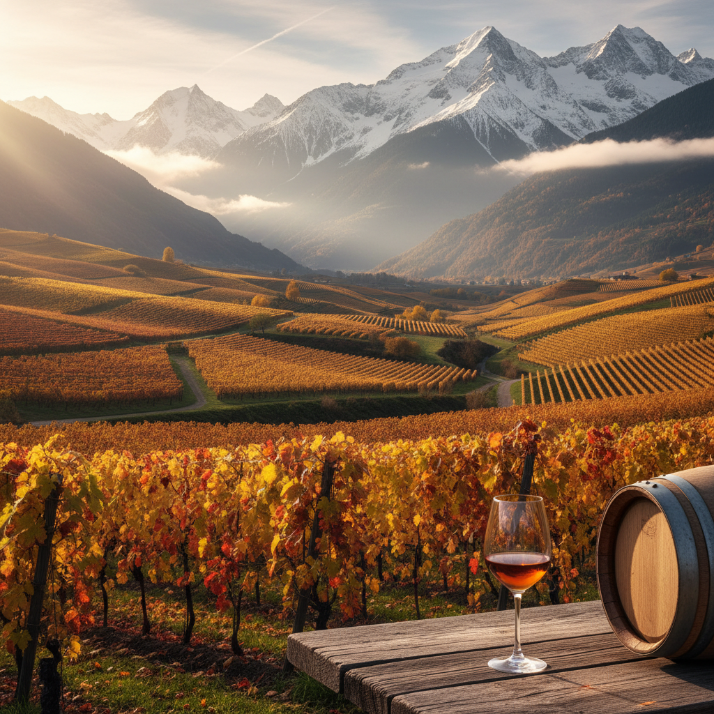 Vinhedo suíço em vale alpino com montanhas nevadas, uma taça de vinho elegante sobre mesa de madeira rústica e barril de carvalho.
