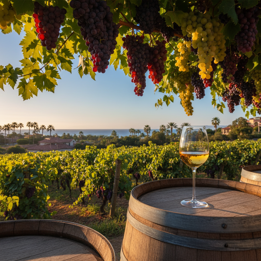 Vinhedo tropical exuberante com uvas maduras, um copo de vinho sobre um barril de madeira, simbolizando a crescente produção vinícola no Sudeste Asiático.