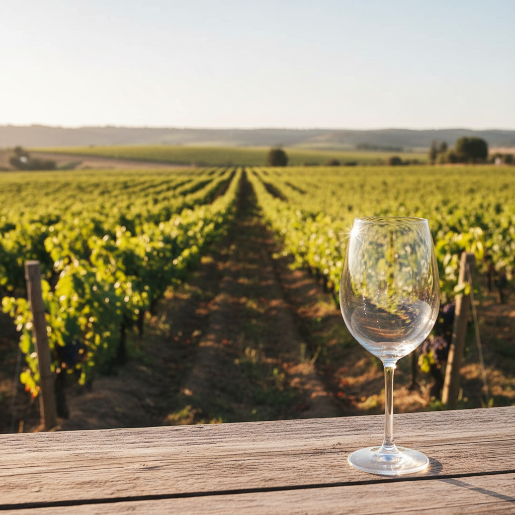 Vinhedo tunisiano iluminado pelo sol, com uma taça de vinho elegante em primeiro plano sobre uma superfície rústica, evocando a atmosfera mediterrânea.
