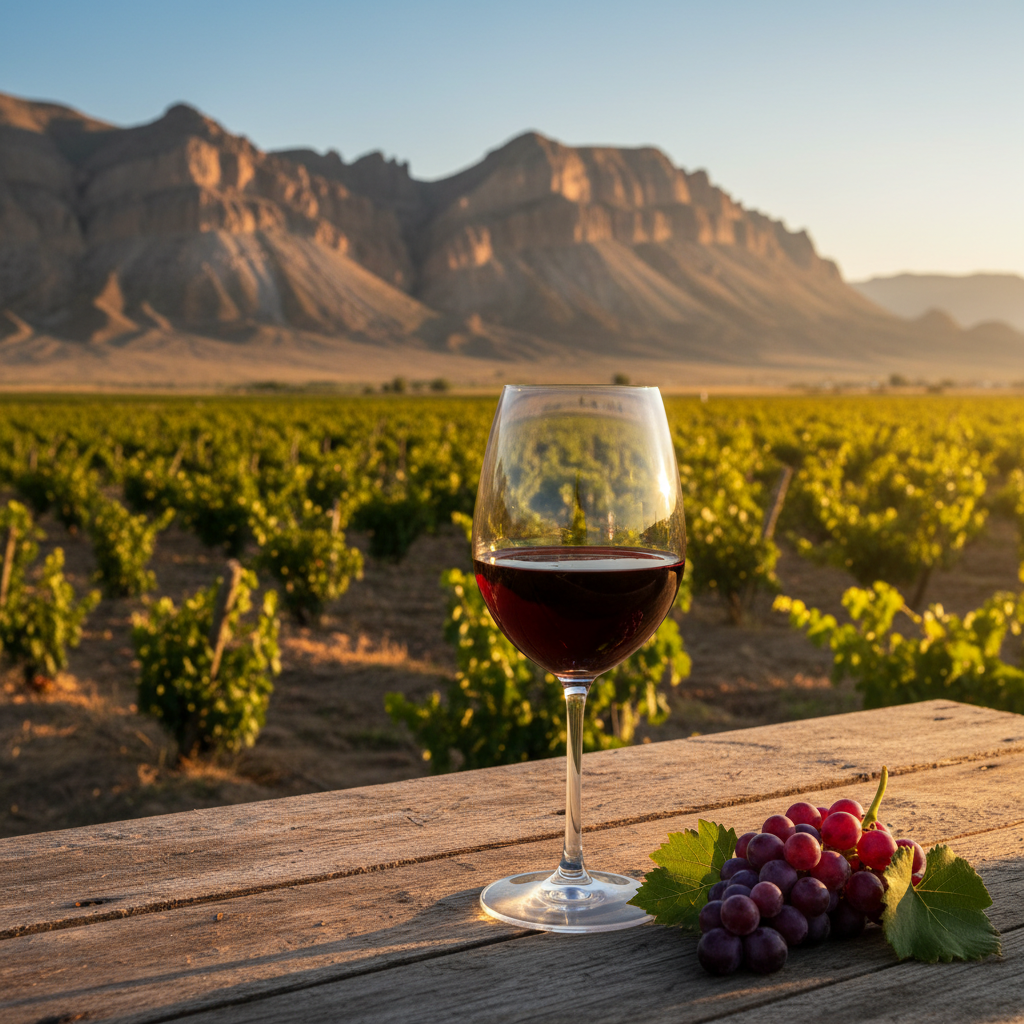 Vinhedo ensolarado no Turcomenistão com montanhas antigas ao fundo e uma taça de vinho tinto sobre uma mesa de madeira rústica, simbolizando a descoberta de novos sabores.