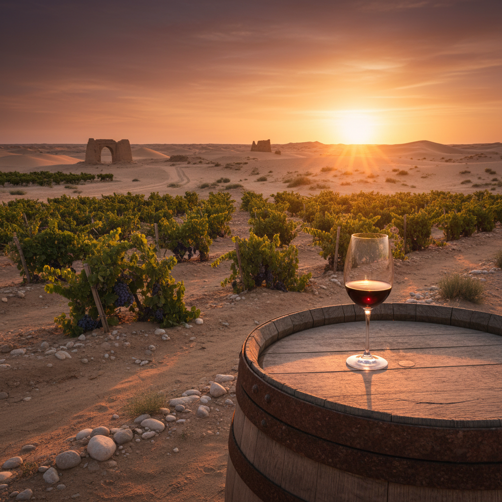 Vinhedo no deserto do Turcomenistão com barril de madeira e taça de vinho ao pôr do sol, evocando mistério e história.