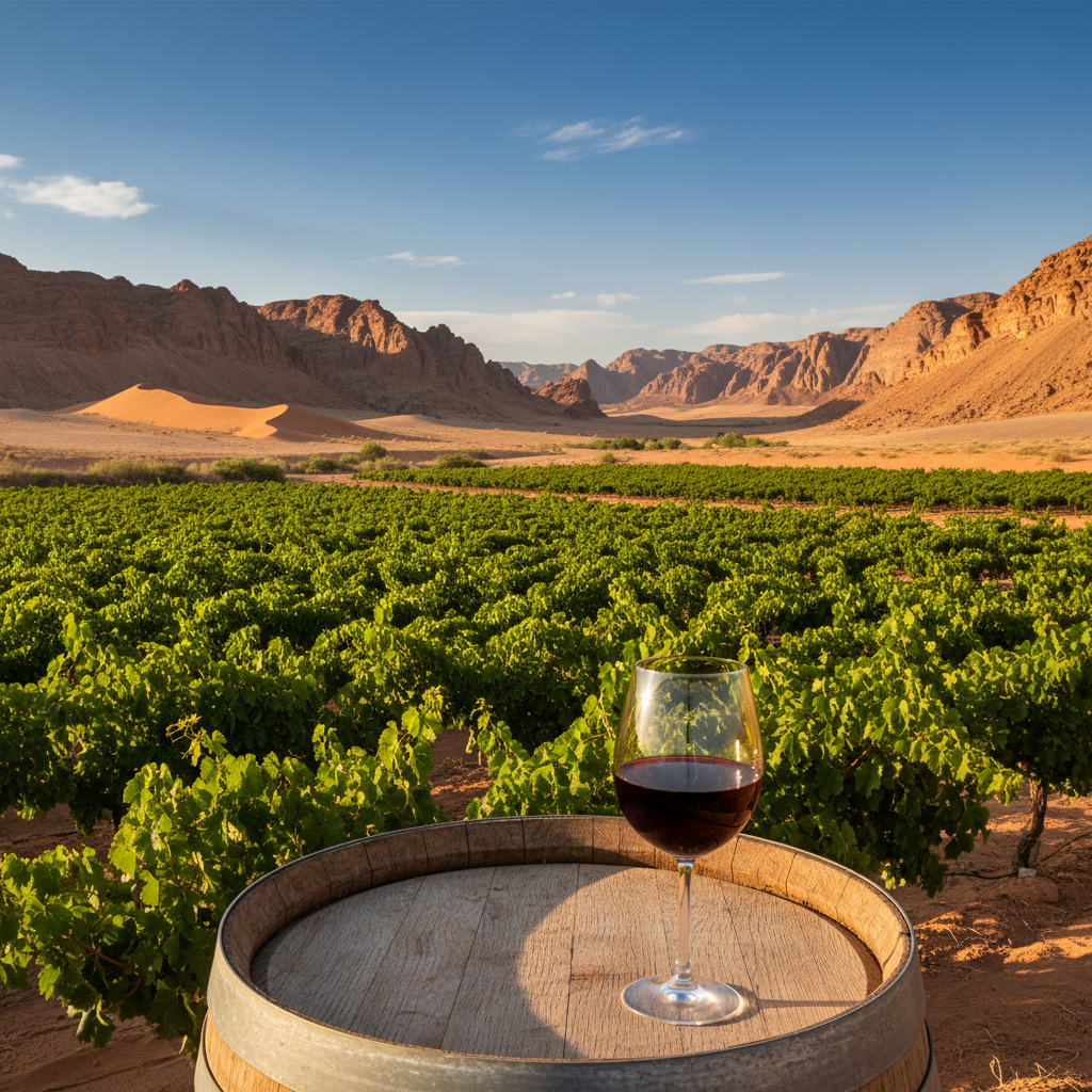 Vinhedo verdejante em paisagem desértica do Turcomenistão, com uma taça de vinho tinto sobre um barril de madeira rústico.