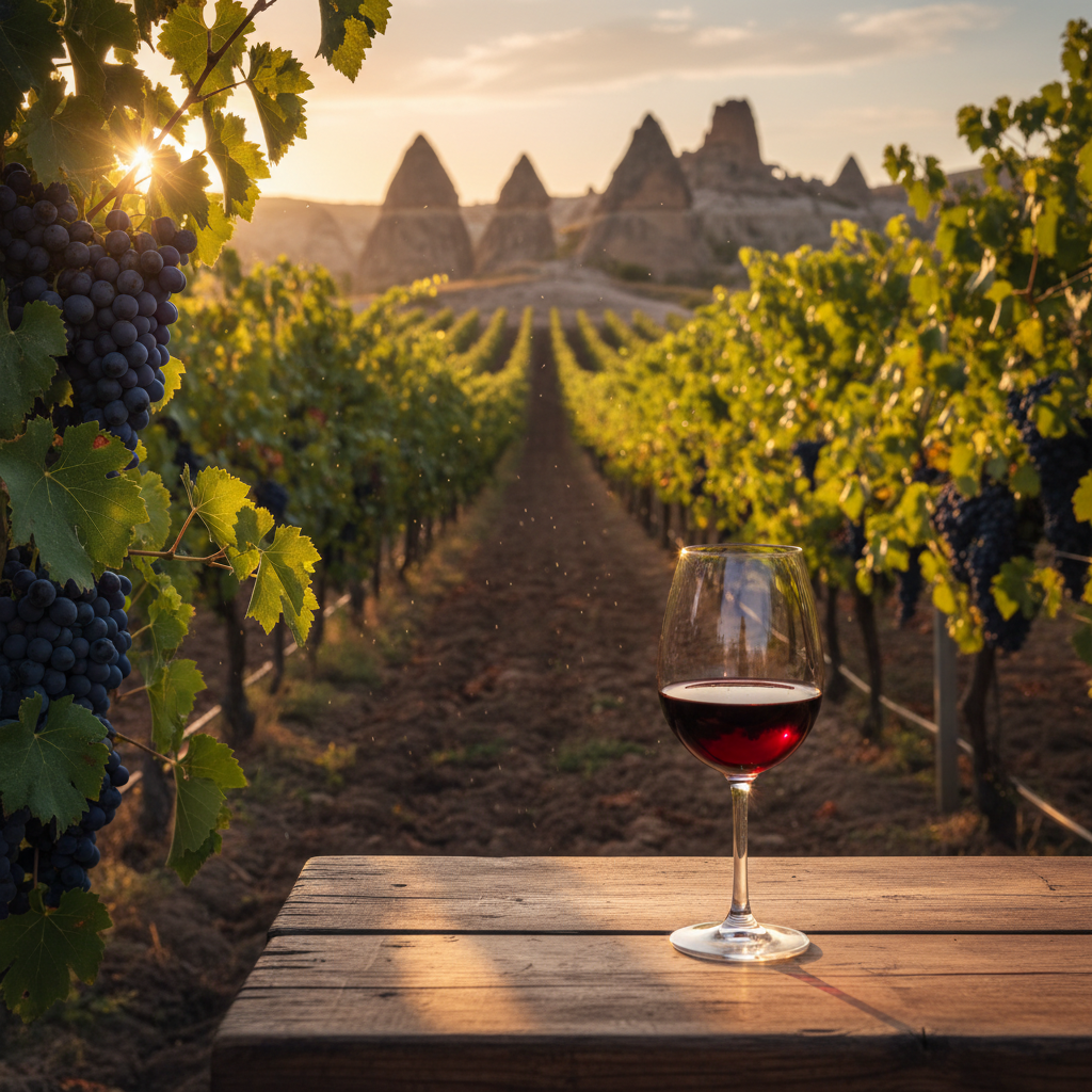 Vinhedo pitoresco na Turquia ao entardecer, com taça de vinho tinto em uma mesa rústica, simbolizando a descoberta de novas regiões vinícolas.