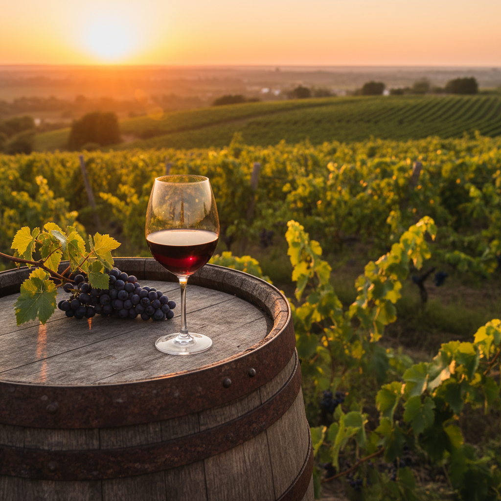 Vinhedo ucraniano ao pôr do sol com taça de vinho tinto sobre um barril de madeira, simbolizando a riqueza e diversidade dos vinhos da Ucrânia.