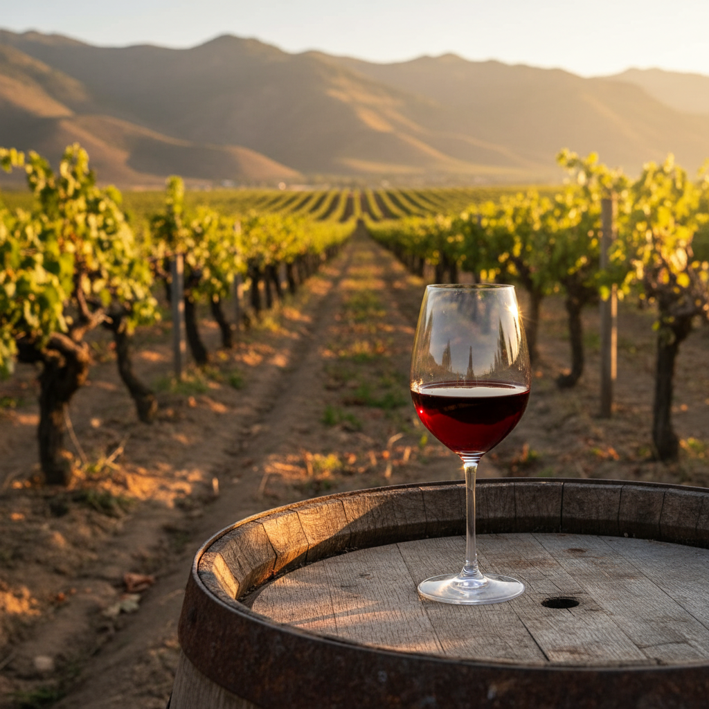 Vinhedo histórico no Uzbequistão ao pôr do sol, com taça de vinho tinto sobre barril de madeira.