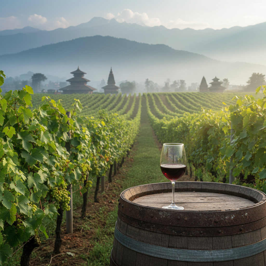 Vinhedo exuberante no Vale de Kathmandu, Nepal, com montanhas ao fundo e uma taça de vinho tinto sobre um barril de madeira, simbolizando a produção vinícola local.