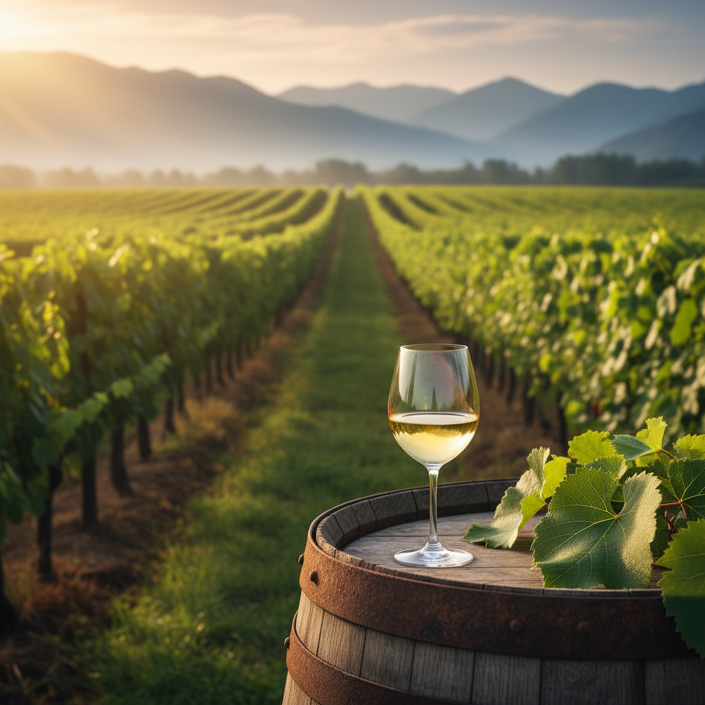 Taça de vinho em barril de madeira em vinhedo tropical venezuelano ao amanhecer