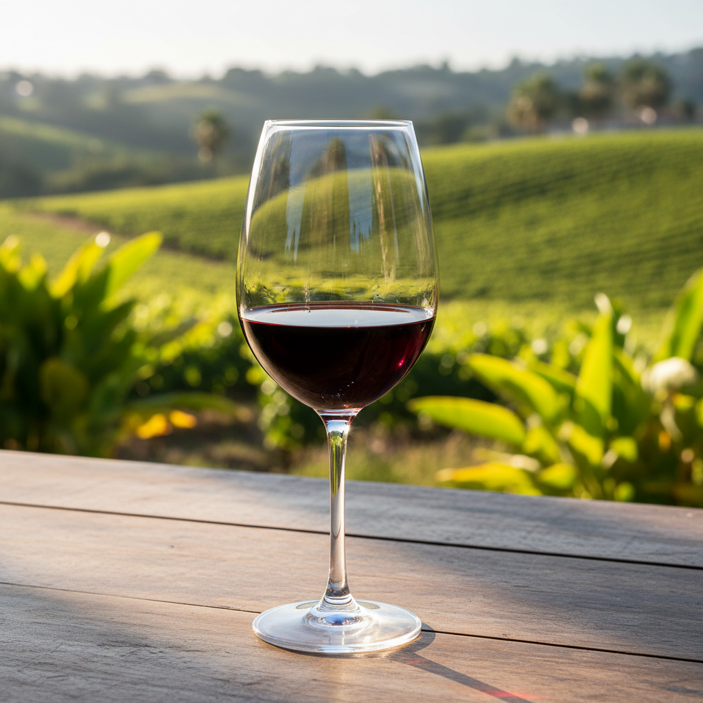 Taça de vinho tinto em vinhedo venezuelano ensolarado com folhagem tropical.