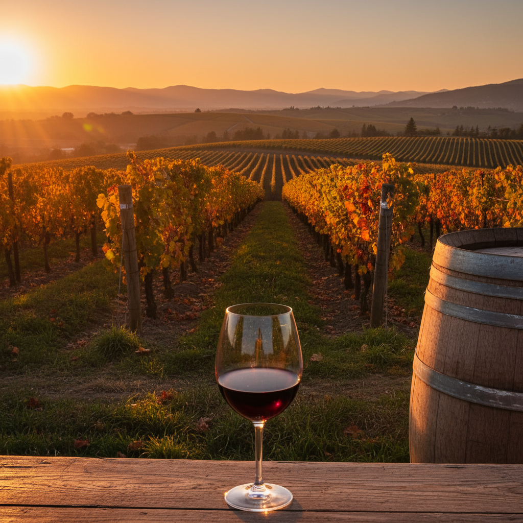 Vinhedo exuberante no Vale de Columbia, Washington State, ao pôr do sol, com uma taça de vinho tinto e um barril de carvalho em primeiro plano.