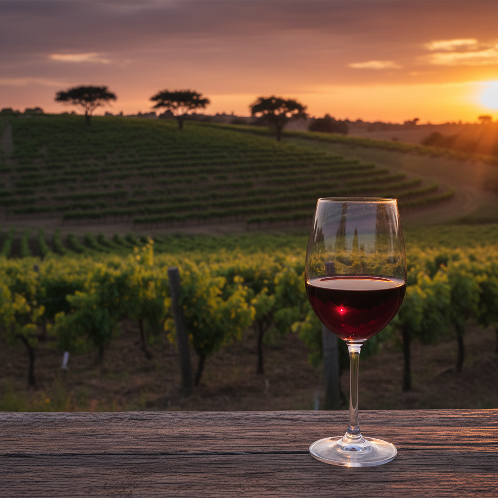 Taça de vinho tinto sobre uma superfície de madeira rústica, com um vinhedo zambiano iluminado pelo pôr do sol ao fundo.