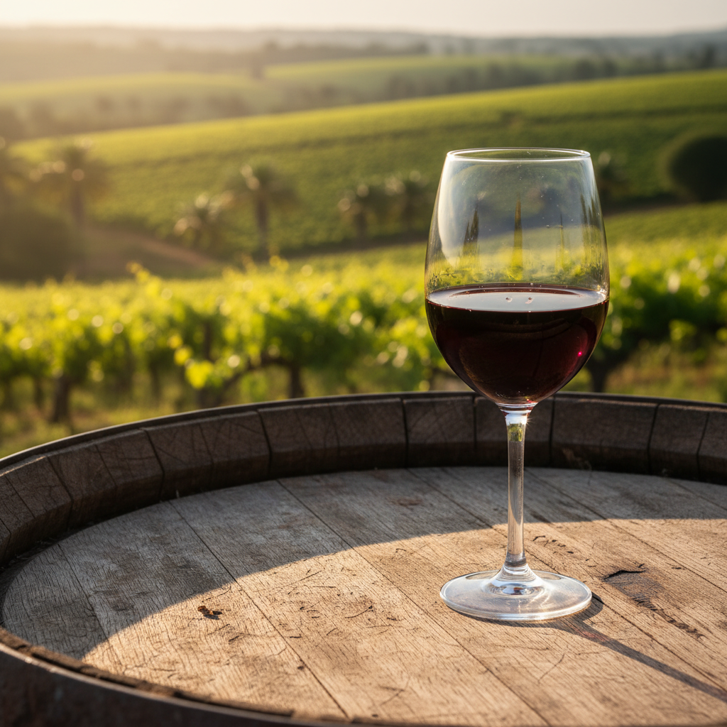 Taça de vinho tinto em barril de madeira com vinhedo zimbabuano ao fundo, sob a luz do pôr do sol.