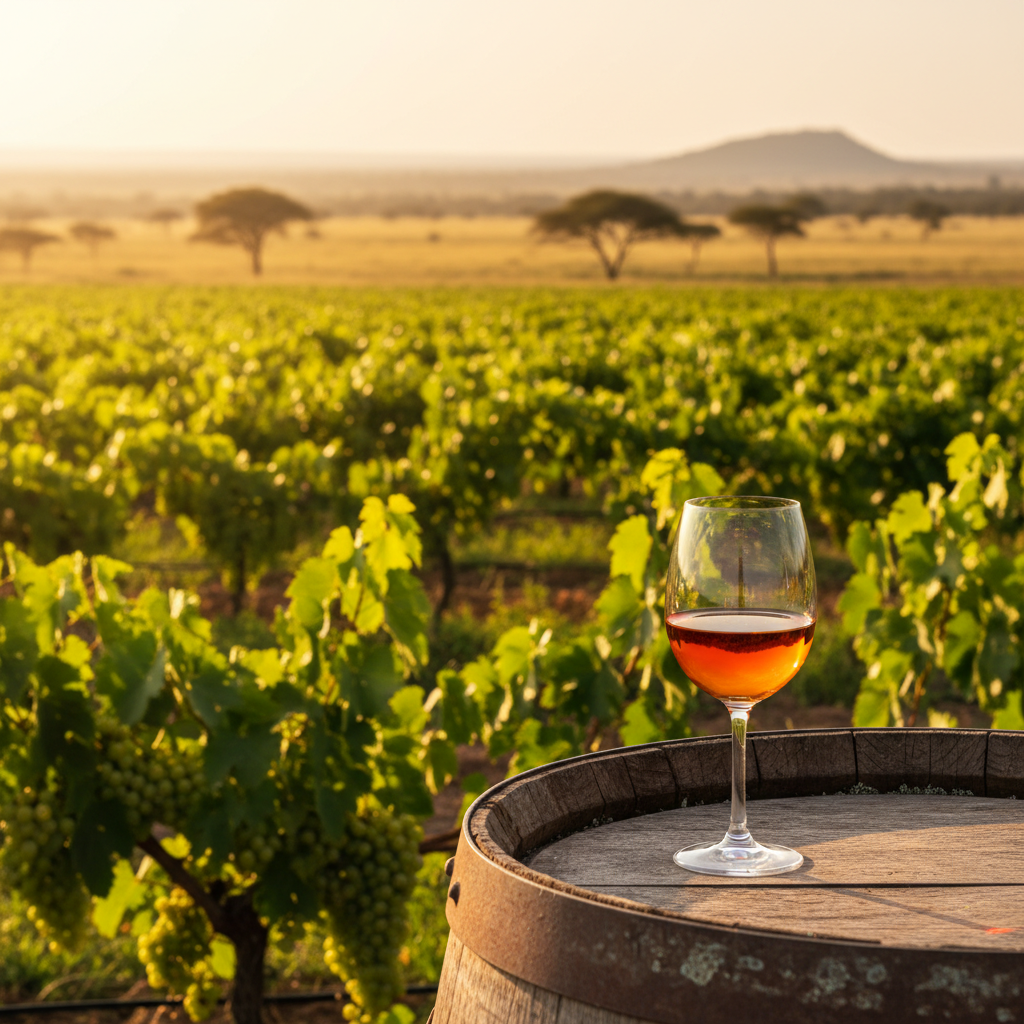 Vinhedo exuberante no Zimbábue sob o sol africano, com um copo de vinho tinto sobre um barril de madeira em primeiro plano, destacando a paisagem vinícola inesperada do país.