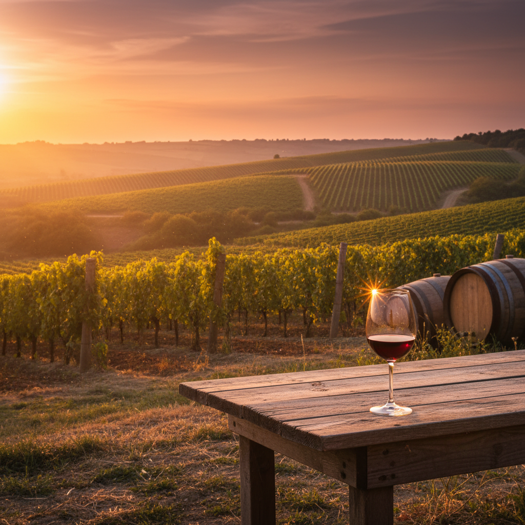 Vinhedo búlgaro ao pôr do sol com uma taça de vinho tinto e barris de carvalho ao fundo, simbolizando a rica cultura vinícola da Bulgária.