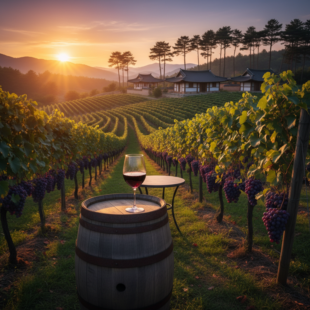 Vinhedo na Coreia do Sul ao pôr do sol, com barril de vinho e taça, destacando a paisagem rural e a viticultura.
