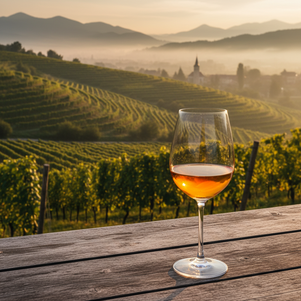 Vinhedo em socalcos na Eslovênia ao pôr do sol com taça de vinho âmbar sobre mesa de madeira rústica, destacando a paisagem.