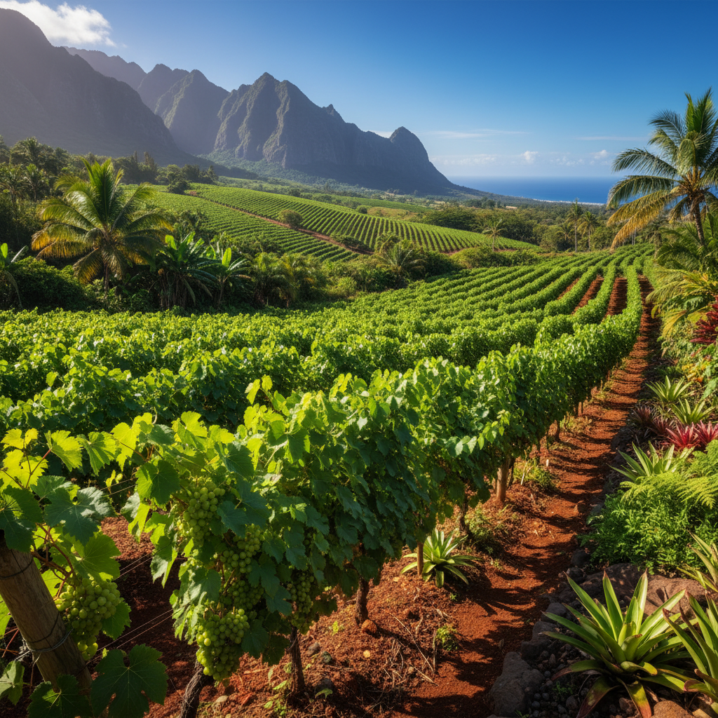 Vinhedo exuberante em Honduras, mostrando parreiras carregadas em meio a uma paisagem tropical, simbolizando a produção de vinho em um clima desafiador.