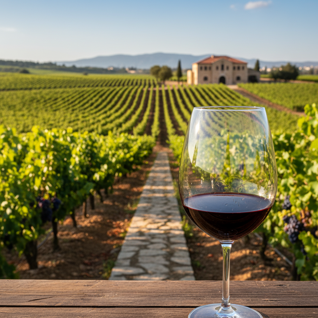 Vinhedo israelense moderno sob o sol, com um copo de vinho tinto em primeiro plano refletindo as videiras e o terroir único da região.