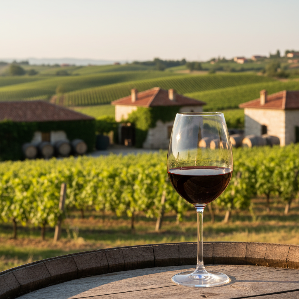 Vinhedo exuberante na Macedônia do Norte ao pôr do sol, com uma taça de vinho tinto em primeiro plano e barris de carvalho desfocados.