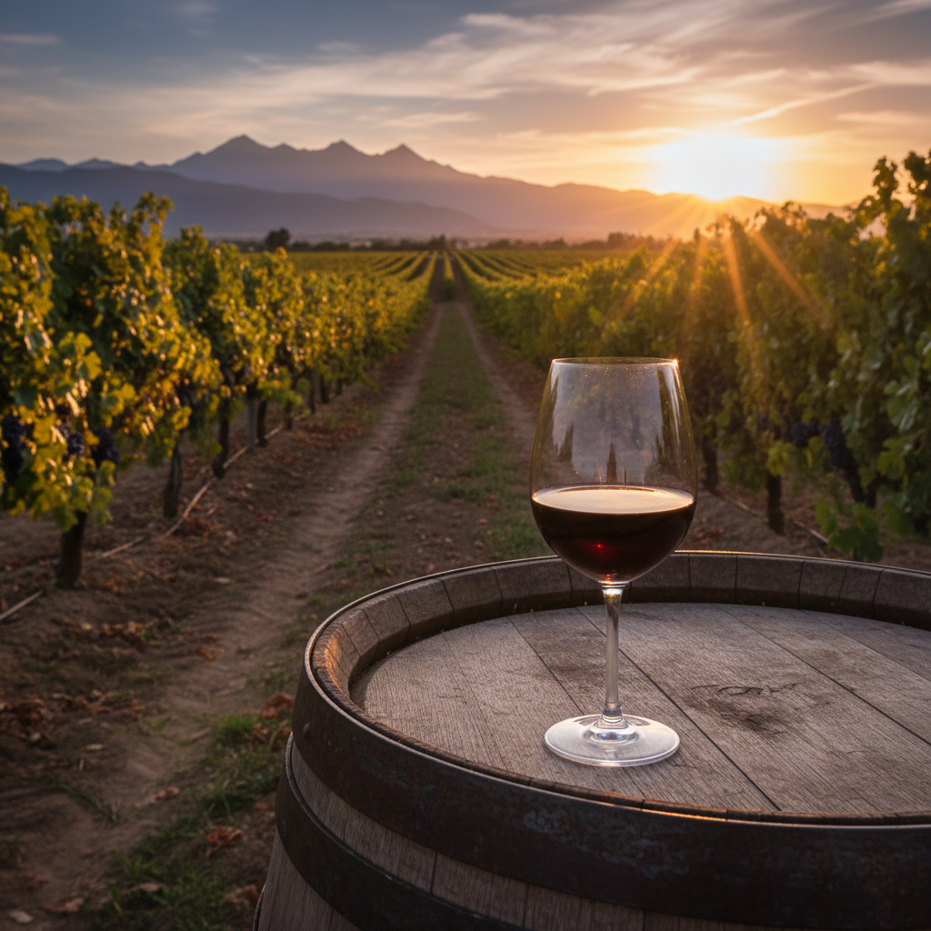 Vinhedo marroquino ensolarado com montanhas ao fundo, taça de vinho tinto sobre barril de madeira.