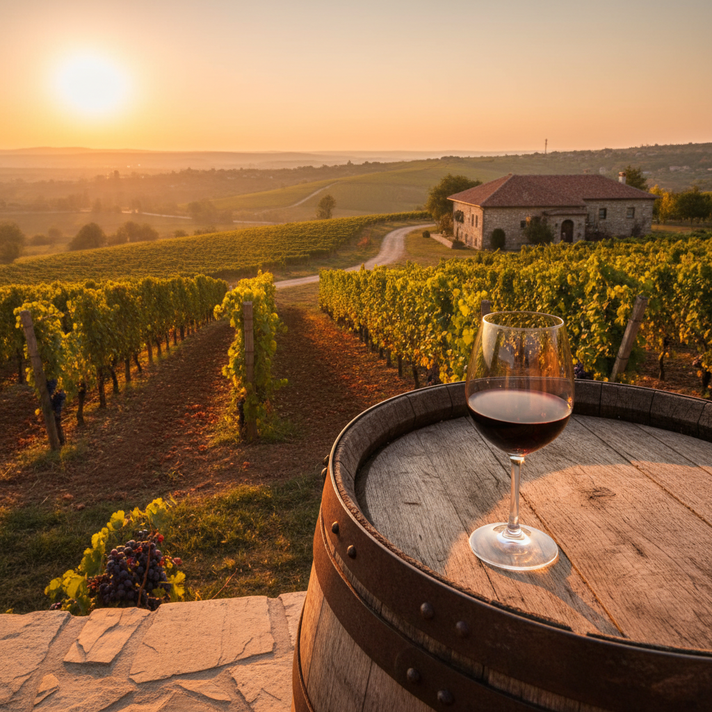 Vinhedos da Moldávia ao pôr do sol, com uma taça de vinho tinto sobre um barril de madeira, simbolizando a beleza e a tradição vinícola da região.