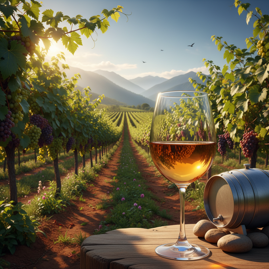 Vinhedo exuberante sob o sol tropical da Nigéria, com um barril de vinho moderno em primeiro plano, simbolizando a inovação na produção vinícola nigeriana.