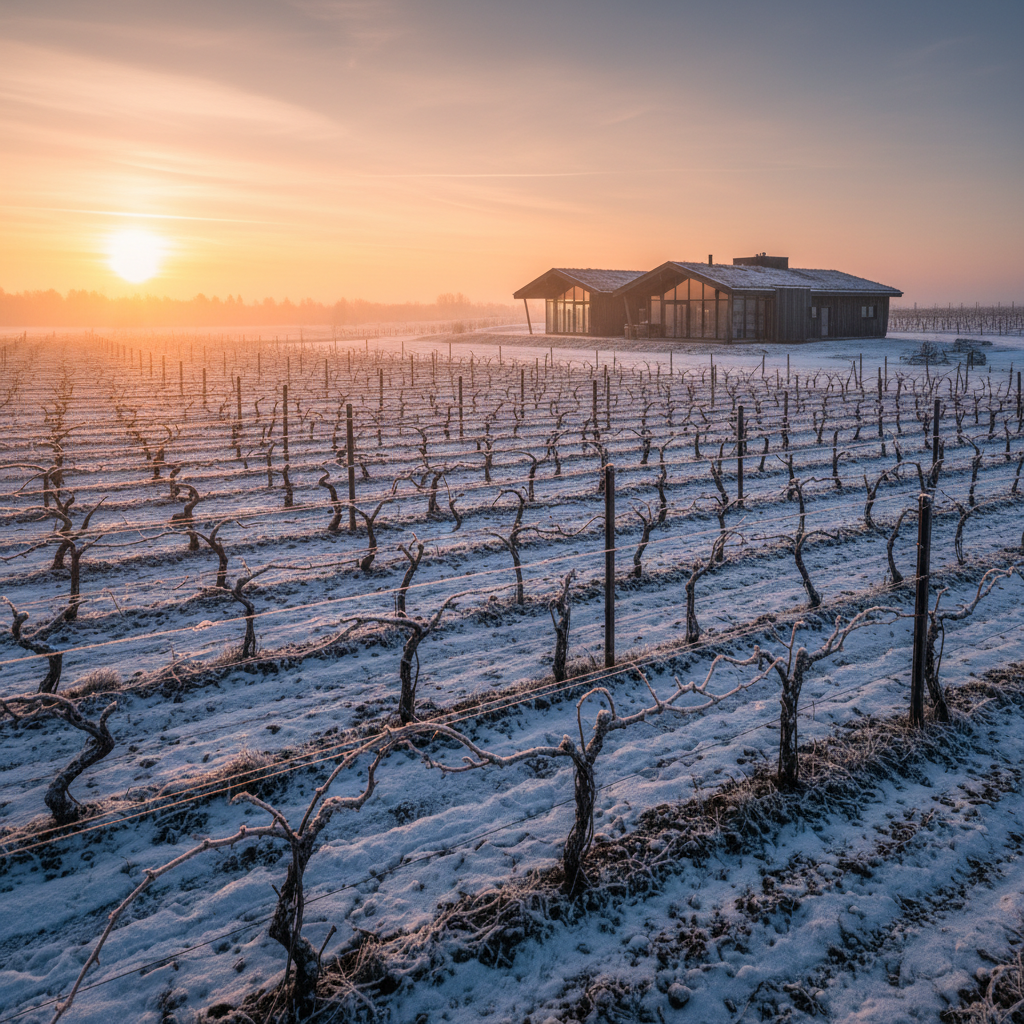 Vinhedo sustentável na Noruega coberto de neve, com uma vinícola ecológica ao fundo sob a luz suave do inverno.