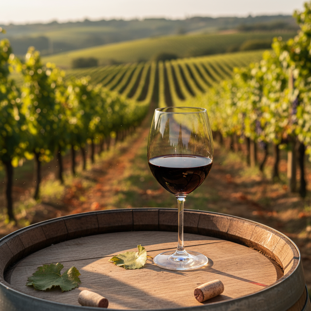 Taça de vinho tinto em primeiro plano, com vinhedos verdes e ensolarados do Paraguai ao fundo e um barril de carvalho, evocando a tranquilidade da produção vinícola.