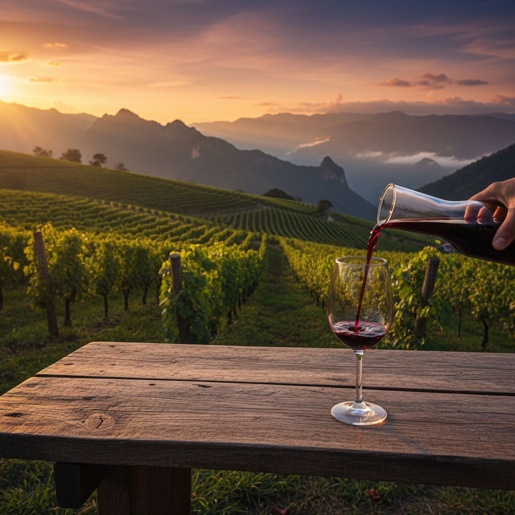 Vinhedo de alta altitude nos Andes colombianos ao pôr do sol, com uma taça de vinho tinto em primeiro plano sobre uma mesa rústica.