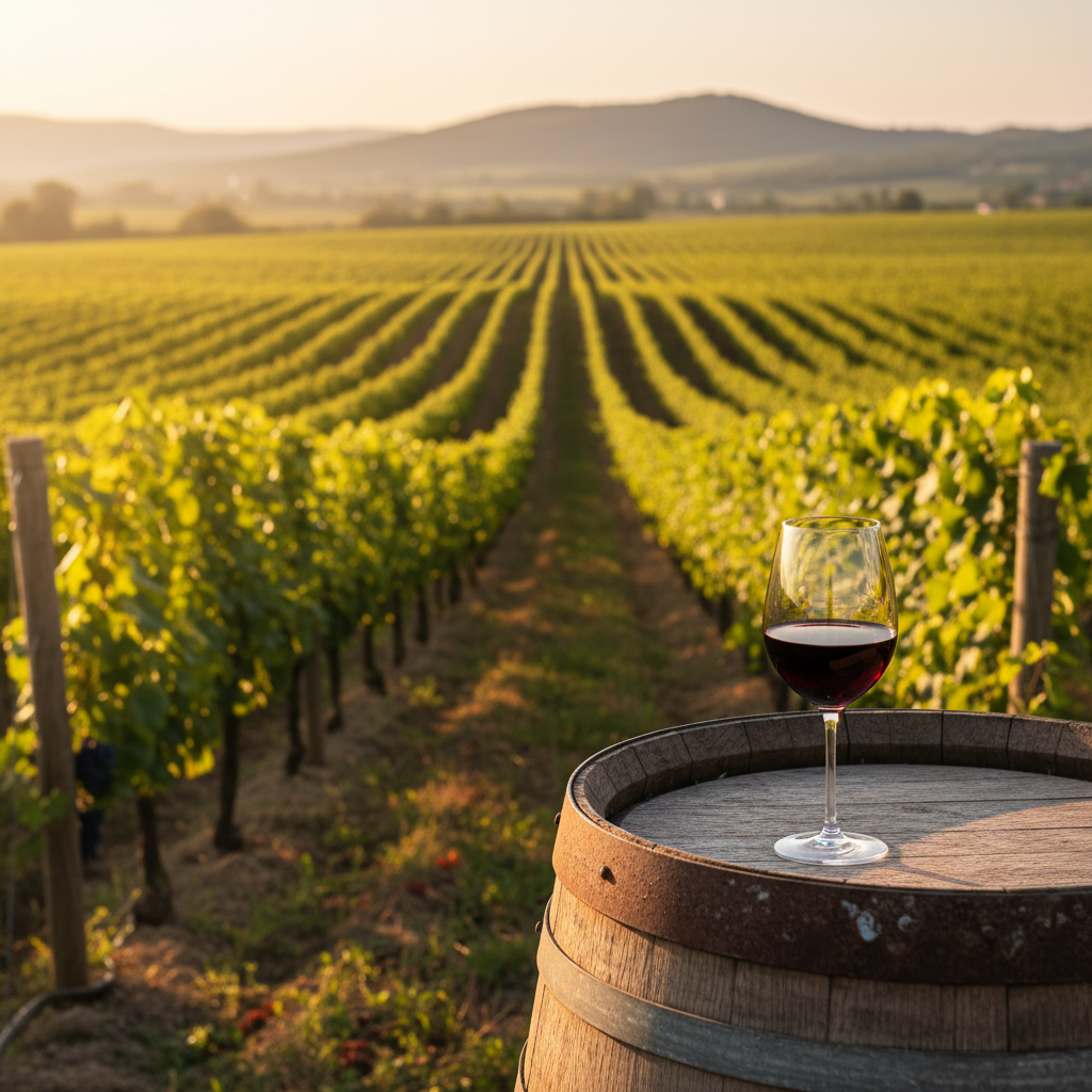 Vinhedo sérvio ao pôr do sol, com um cálice de vinho tinto sobre um barril de carvalho, simbolizando a crescente qualidade e beleza das vinícolas da Sérvia.