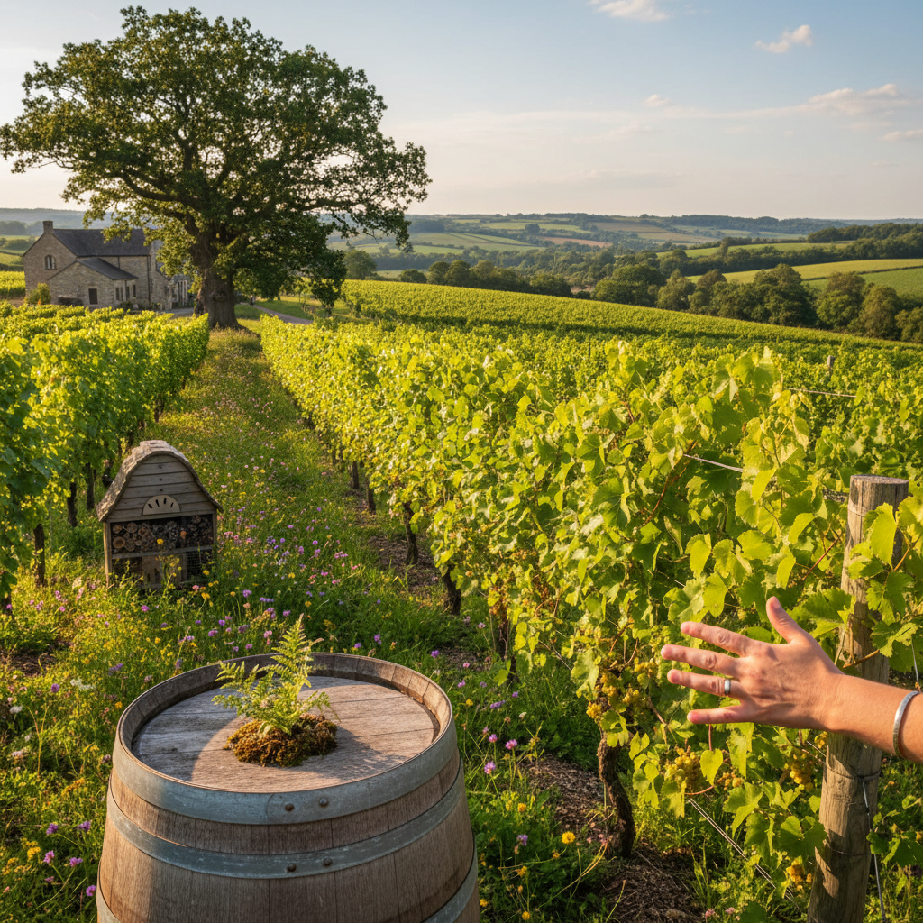 Vinhedo sustentável no Reino Unido, com parreiras verdes e elementos de biodiversidade, sob a luz do sol poente, simbolizando a produção de vinho verde britânico.