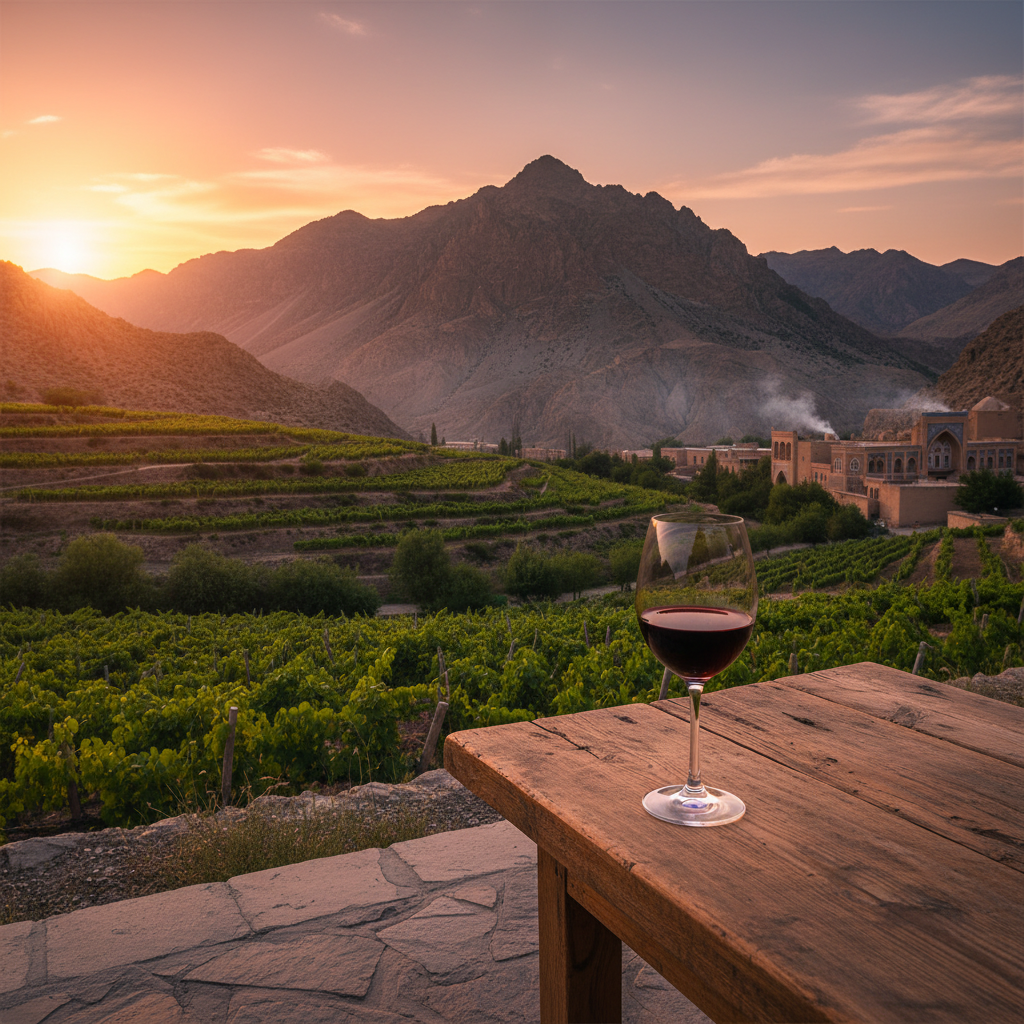 Vinhedo tajique nas montanhas com taça de vinho tinto ao pôr do sol, refletindo a paisagem e arquitetura local.