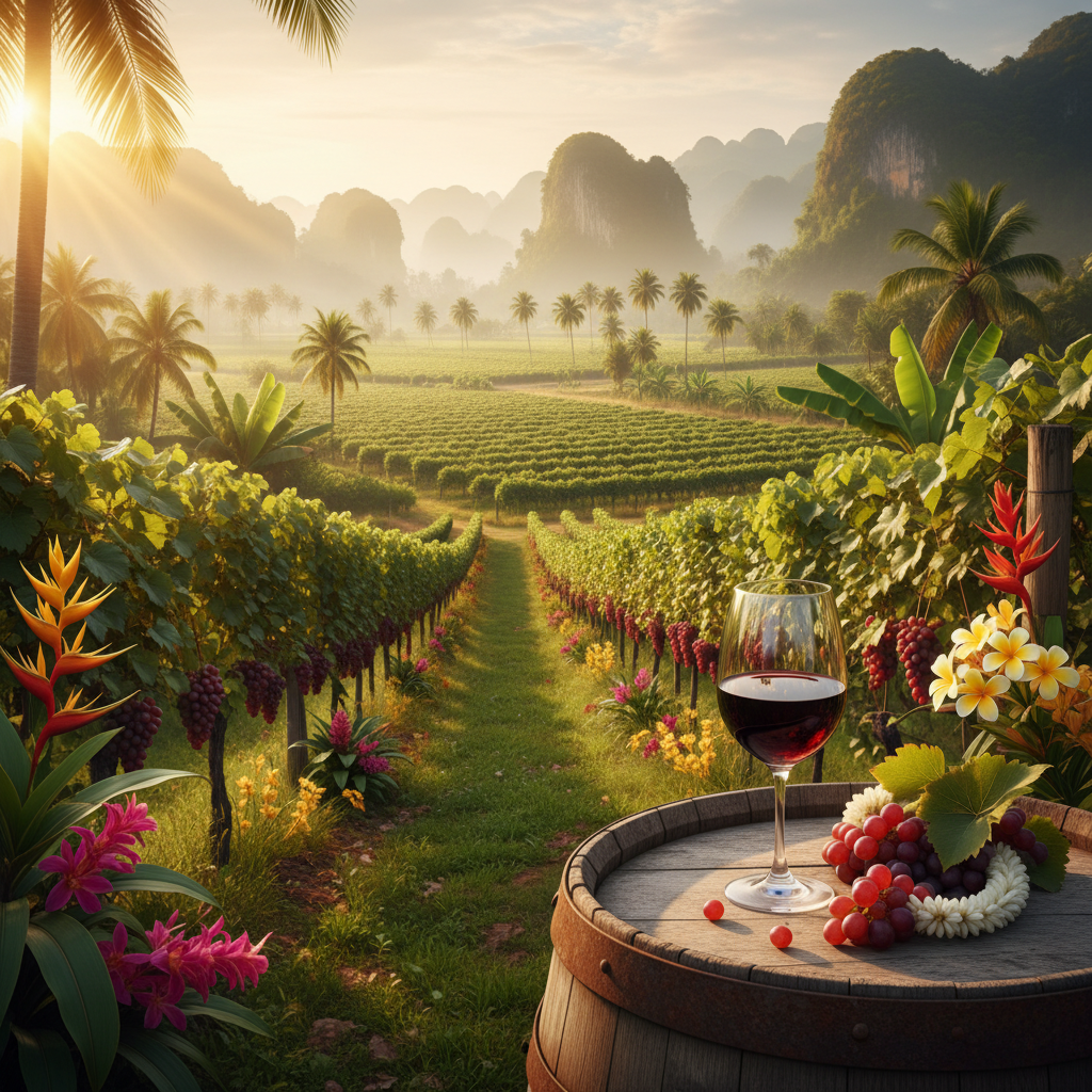 Taça de vinho tinto repousando sobre um barril de madeira em um vinhedo tailandês, com a paisagem tropical e montanhosa ao fundo.