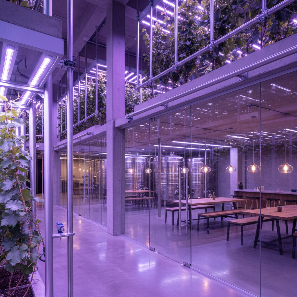 Interior de uma vinícola urbana de alta tecnologia em Singapura, com videiras cultivadas verticalmente sob iluminação LED e sistemas de irrigação automatizados.