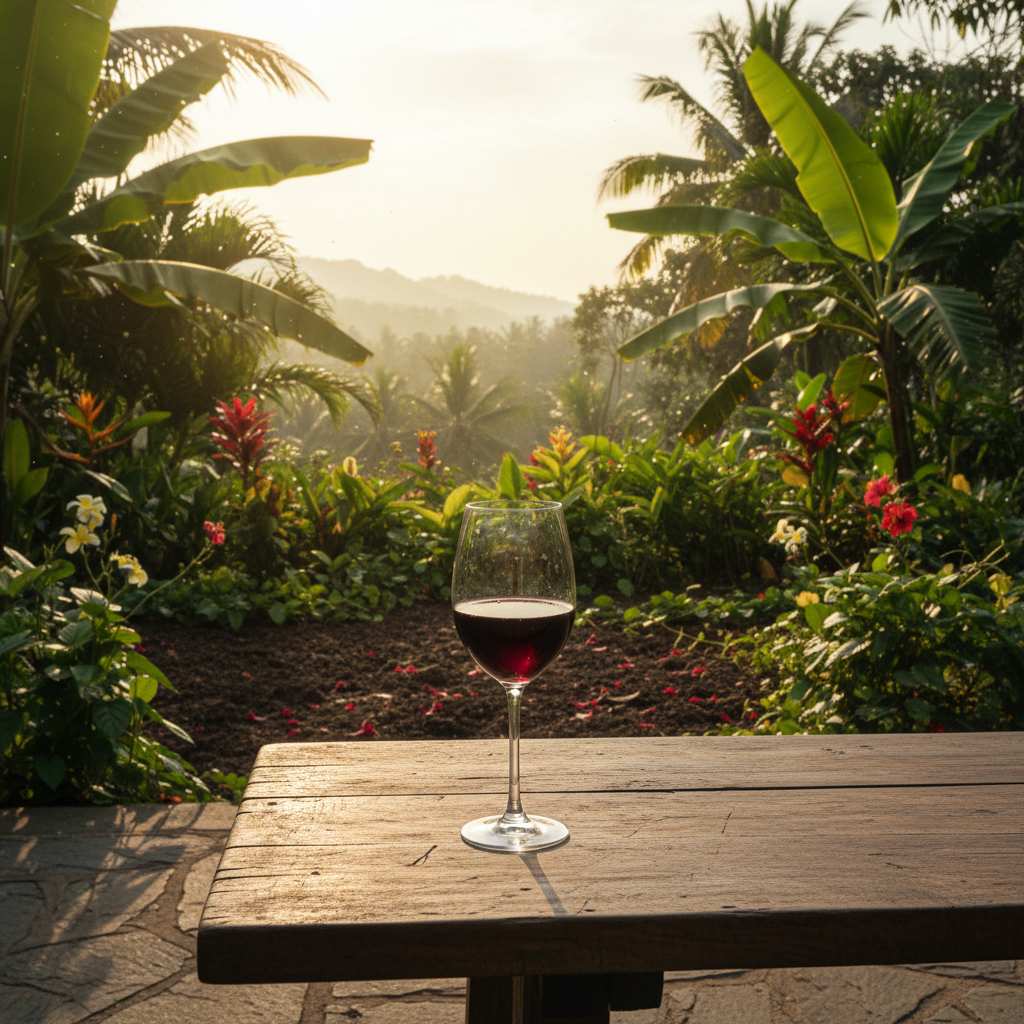 Taça de vinho elegante em mesa de madeira rústica, com paisagem tropical exuberante e ensolarada do Sri Lanka ao fundo.
