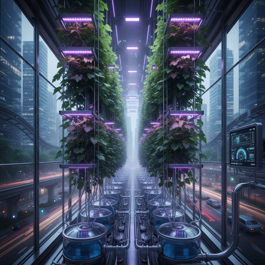 Vinhedo vertical futurista em Singapura, exemplificando a vinificação em ambiente urbano e clima desafiador.