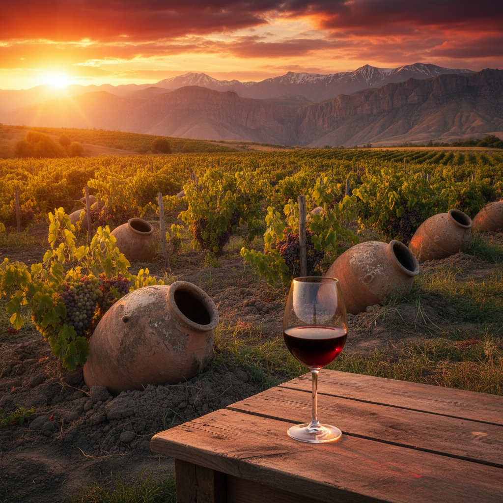 Vinhedo armênio com ânforas (karas) parcialmente enterradas e uma taça de vinho tinto em primeiro plano, com montanhas majestosas ao fundo.