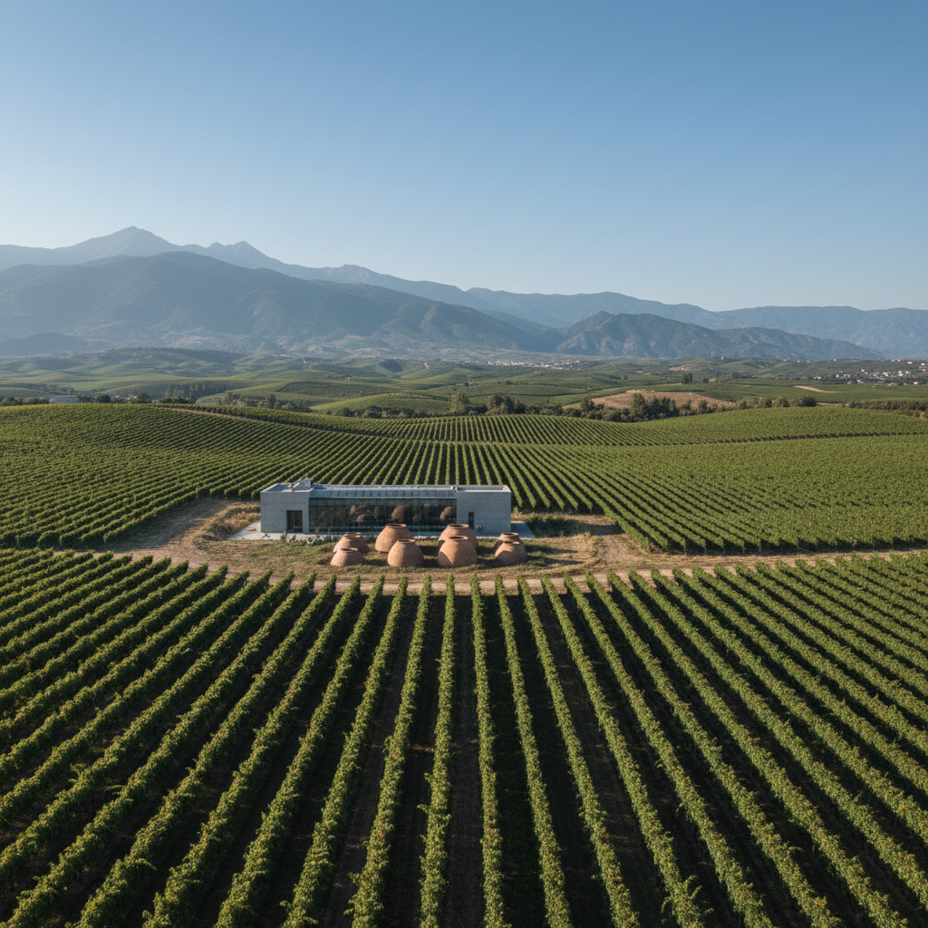 Vinhedo exuberante no Azerbaijão, com fileiras de videiras verdes sob o sol, destacando a paisagem montanhosa e a fusão de tradição com inovação na viticultura local.