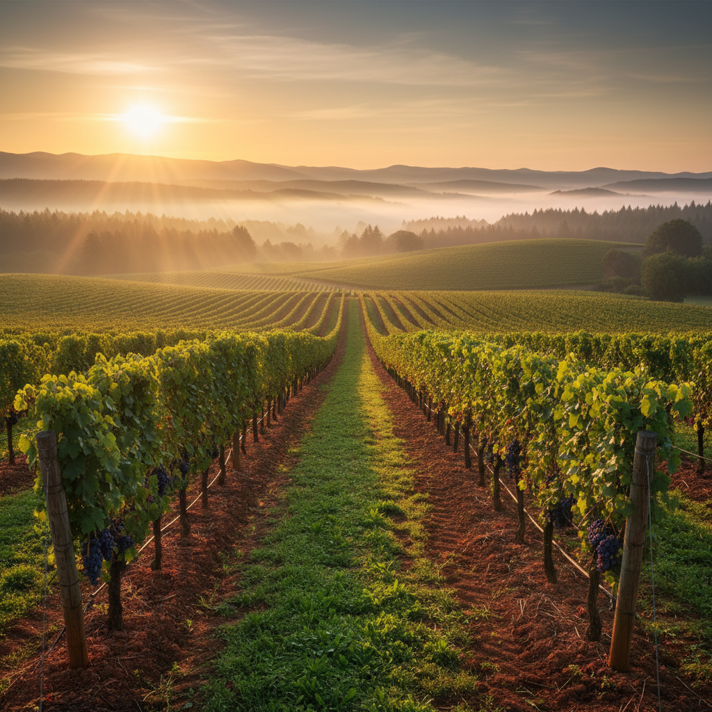 Paisagem de vinhedo sob luz dourada com névoa sutil, ilustrando a influência climática no cultivo de uvas.