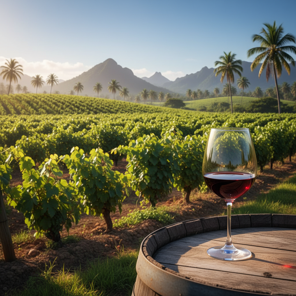 Vinhedo exuberante sob o sol tropical da República Dominicana, com parreiras verdes vibrantes e uma taça de vinho tinto em primeiro plano, refletindo a luz quente do Caribe.