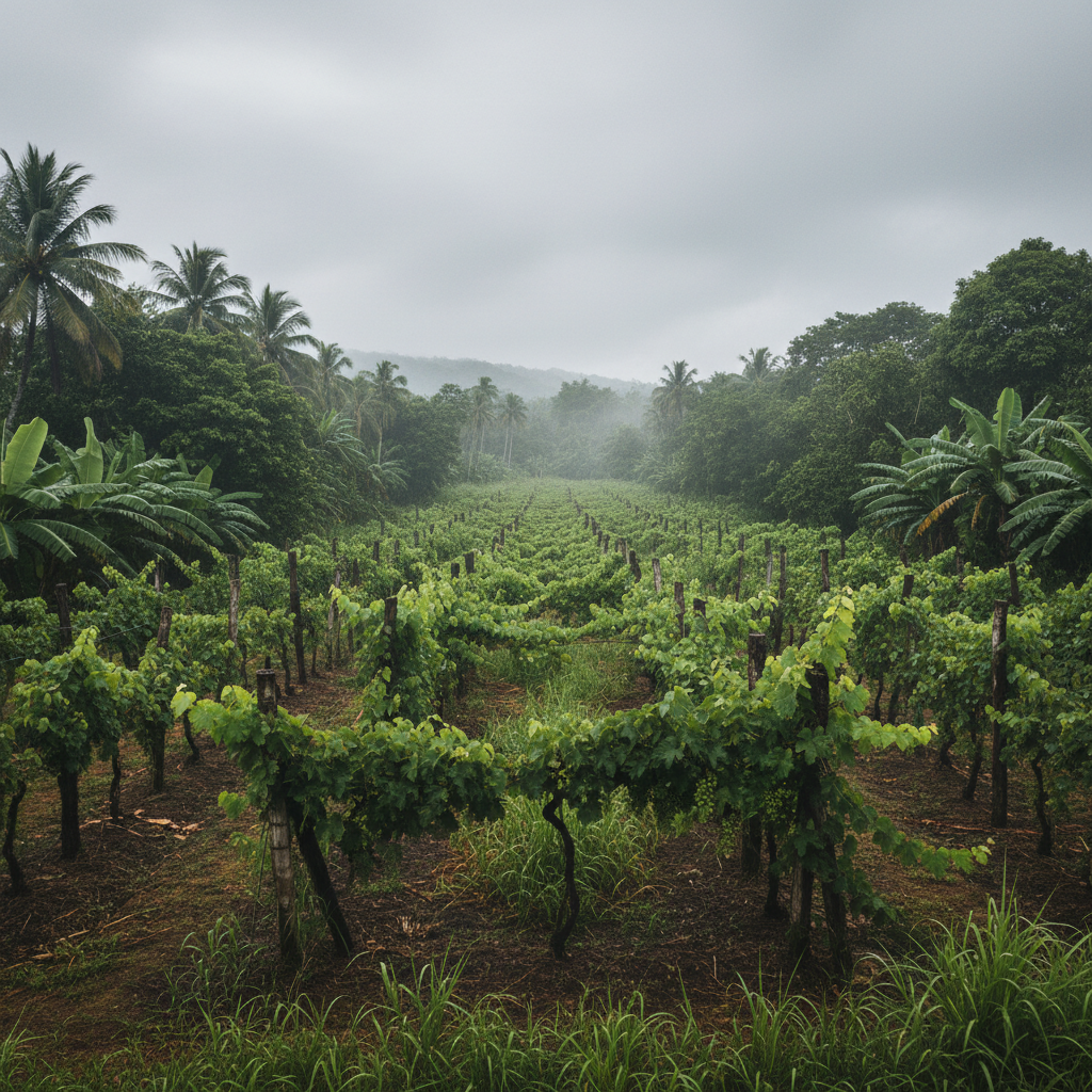 Vinhedo em clima tropical úmido, com céu nublado, ilustrando os desafios da viticultura em Cuba para a uva Vitis Vinifera.
