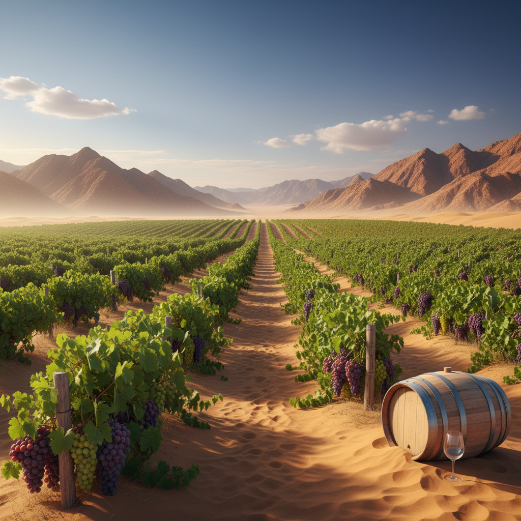 Vinhedo verdejante prosperando no deserto da Namíbia, com parreiras resistentes em contraste com a paisagem árida e dourada.