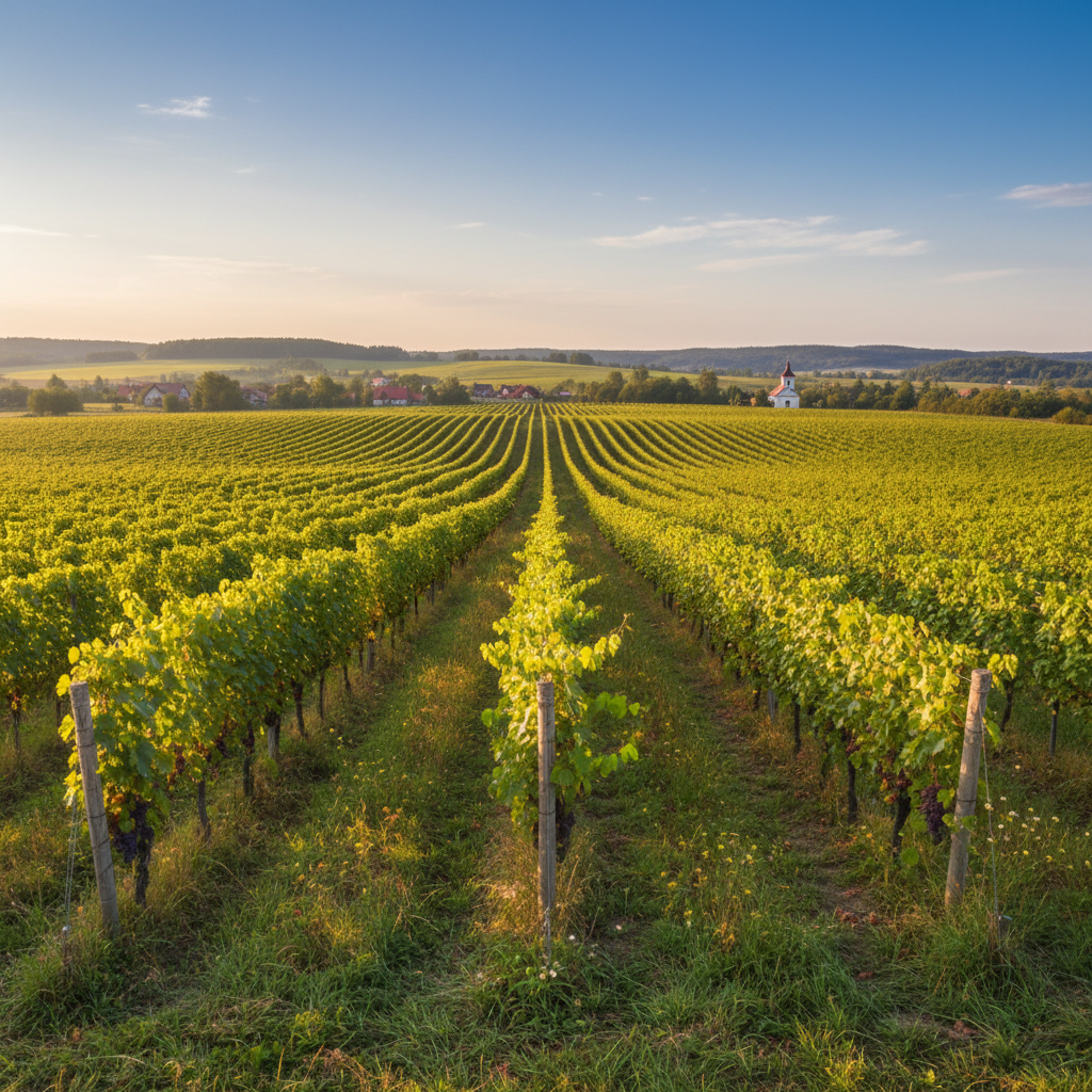 Vinhedo polonês com fileiras de videiras se estendendo sob um céu claro, destacando a paisagem em crescimento da viticultura na Polônia.