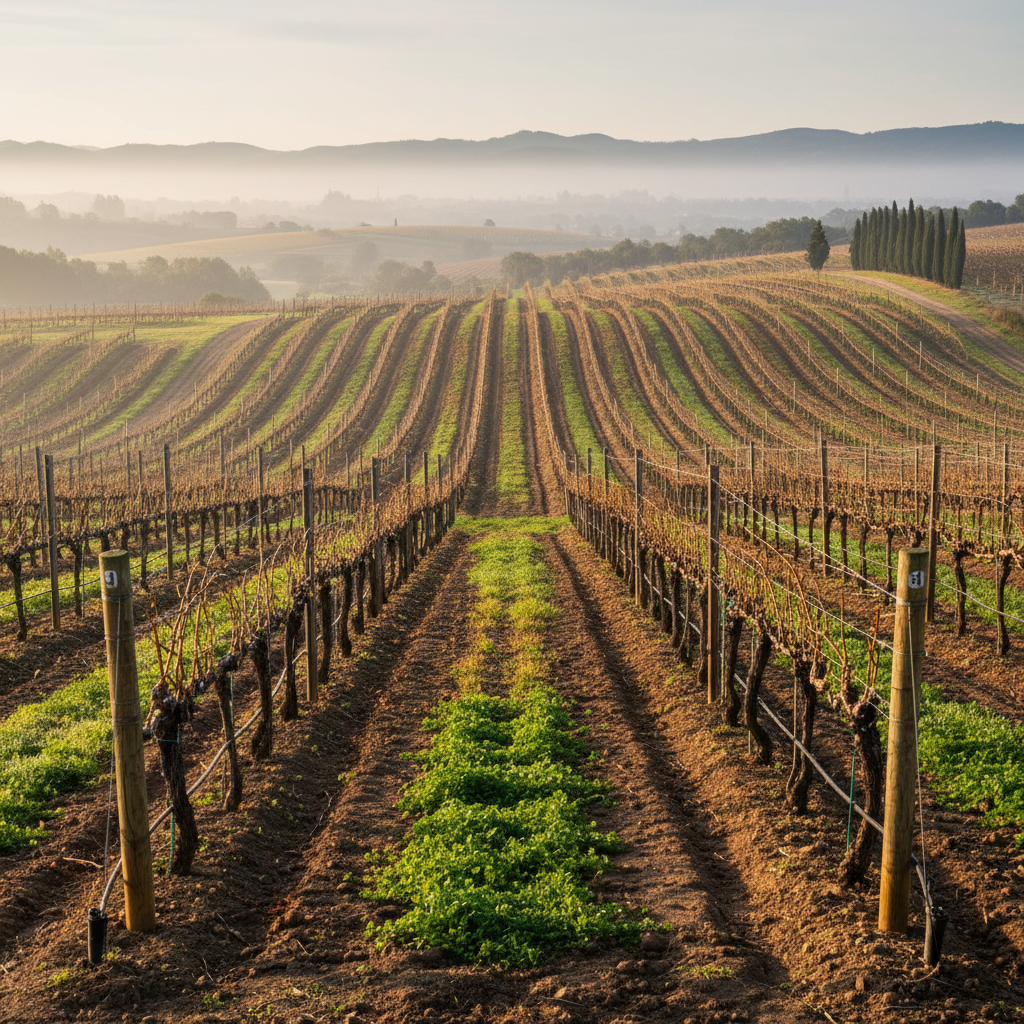 Vinhedo meticulosamente cuidado ao amanhecer, com videiras podadas e solo saudável, ilustrando práticas de manejo vitícola.